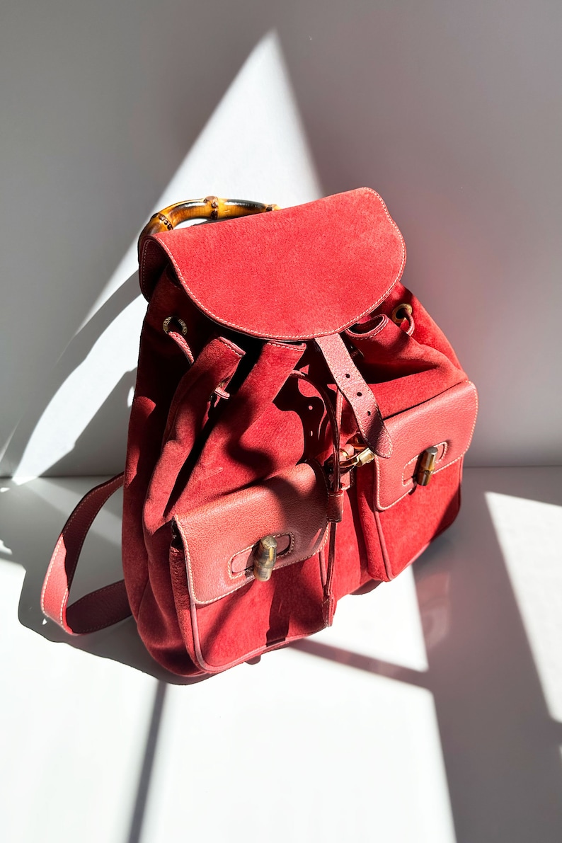 GUCCI Coral Red Suede & Leather Bamboo Handle Backpack Large Jumbo GG Gold Hardware Logo 90s Y2K Toggle image 3