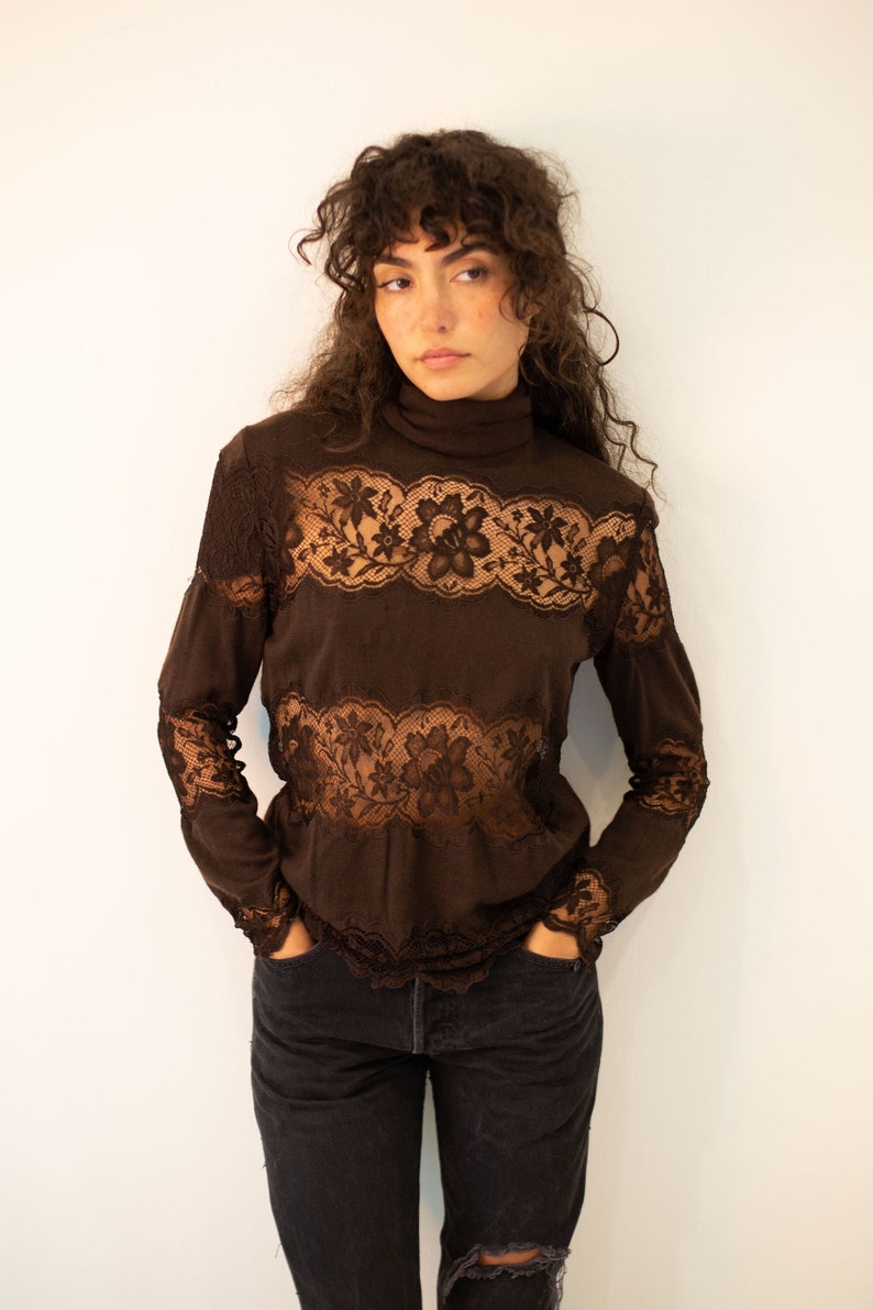 Vintage VALENTINO 1980s Brown Cashmere Lace Inset Turtleneck Top sz XS S M Sheer Sexy 80s 90s Garavani image 1