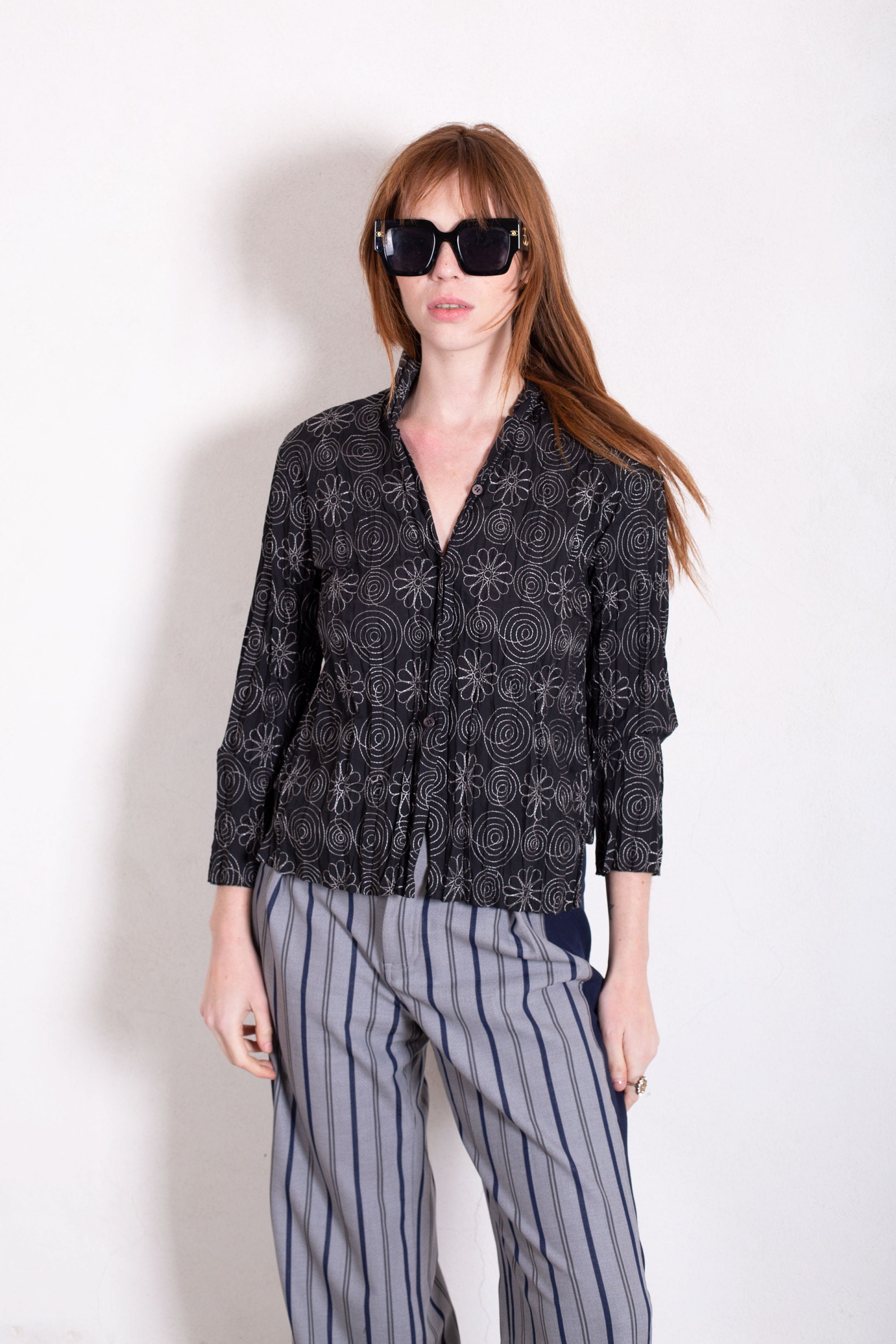 Vintage Issey Miyake Fete Crinkled Cotton Embroidered Top