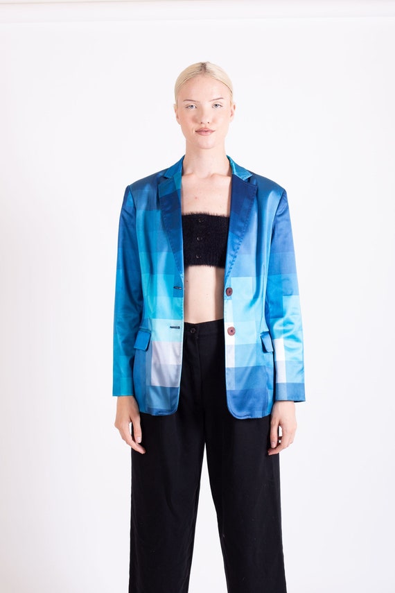 Vintage MOSCHINO Blue Checkered Satin Color Blocked O… Gem