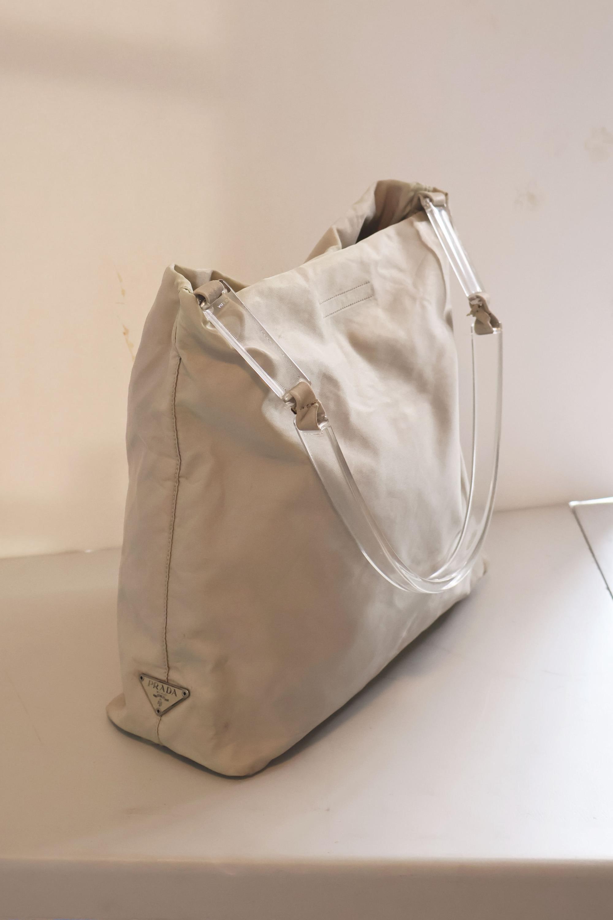 Vintage PRADA White Nylon + Lucite Handle Hobo Bag With Logo