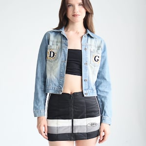 Vintage Dolce and Gabbana Y2K Monogram Medium Wash Denim Jacket with Sequin Logo Patches D&G