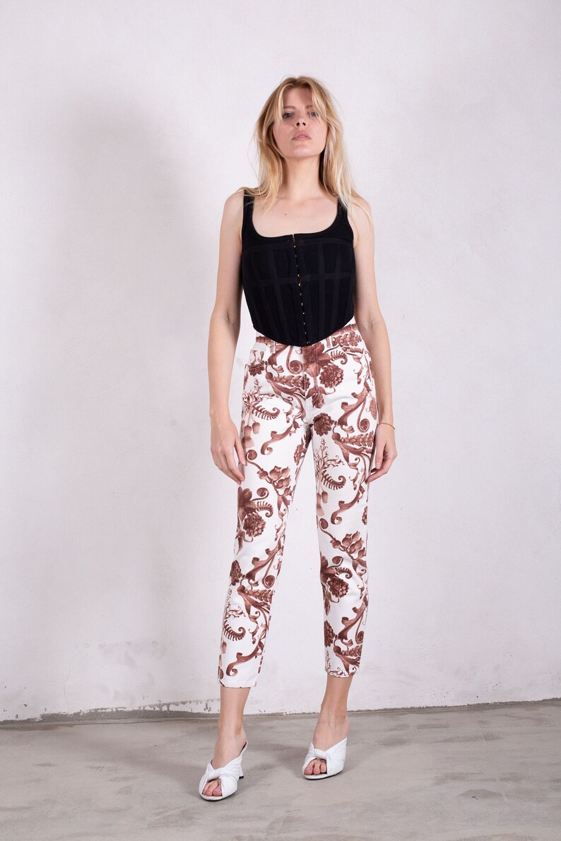 Vintage Moschino White Brown Baroque Print Cropped Jeans sz 25 26 90s Peace Sign Italian Floral Leaf High Waist image 1