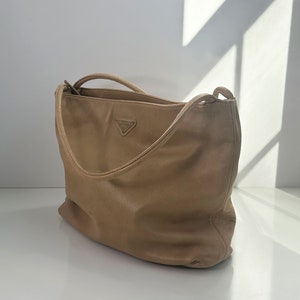 Vintage PRADA Nude Leather Tessuto Double Pocket Shopper Tote 90s Y2K Monogram Logo Shoulder Bag Minimal image 2