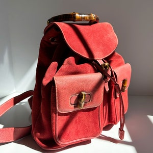 GUCCI Coral Red Suede & Leather Bamboo Handle Backpack Large Jumbo GG Gold Hardware Logo 90s Y2K Toggle image 5