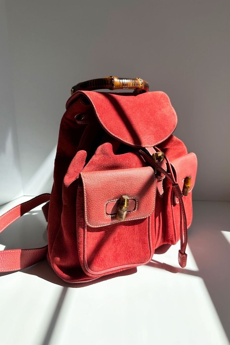 GUCCI Coral Red Suede & Leather Bamboo Handle Backpack Large Jumbo GG Gold Hardware Logo 90s Y2K Toggle image 5