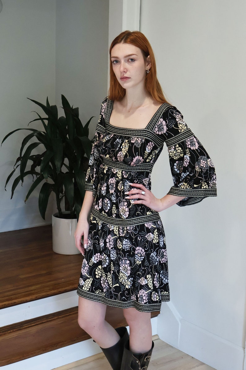 Vintage MISSONI Y2K Tiered Floral Babydoll Mini Dress with Bell Sleeves Knit Trim in Black Floral IT 38 XS S Umpire Waist Square Neck image 1