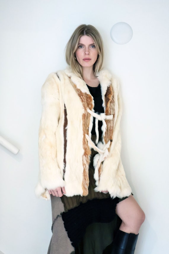 Vintage Handmade White Rabbit Fur Coat with Rawhid