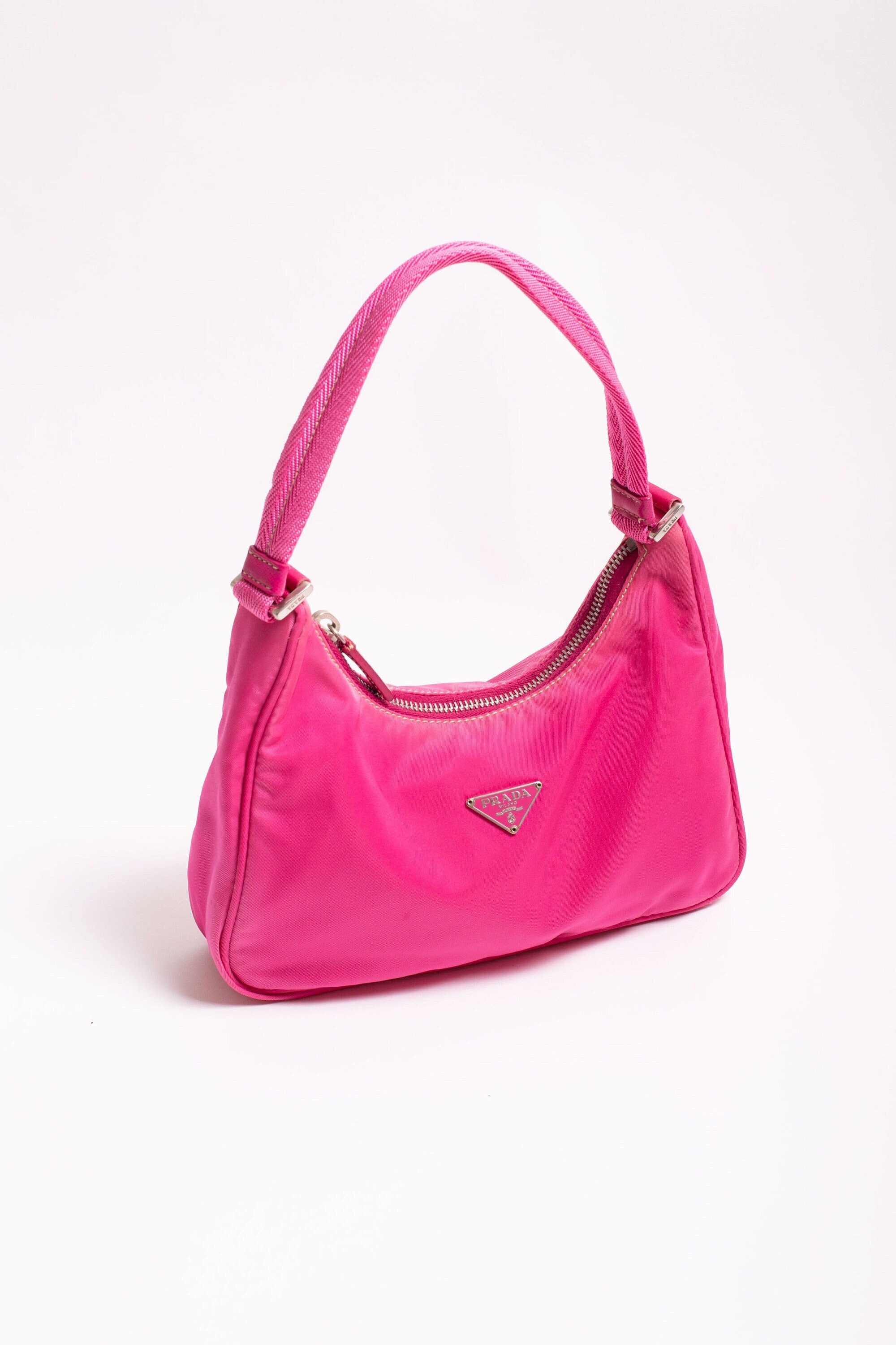 PRADA Y2K Hot Pink Mini Hobo Bag RE Nylon Tessuto Y2K 90s Linea Rossa  Pochette Silver Hardware Leather Details
