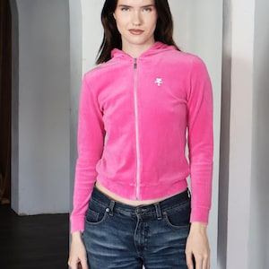 Vintage COURREGES 1990s Paris Hot Pink Velour Hoodie with Logo in Neon Top Zip Front Made in Paris sz 38 XS S image 2