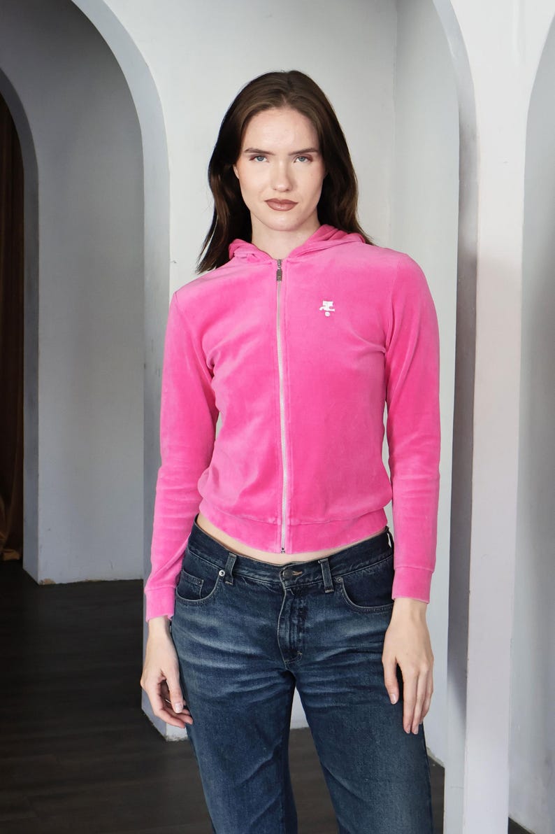 Vintage COURREGES 1990s Paris Hot Pink Velour Hoodie with Logo in Neon Top Zip Front Made in Paris sz 38 XS S image 2
