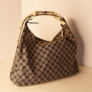 Vintage Gucci Britt Medium Horsebit Hobo Bag Canvas + Leather GG 
