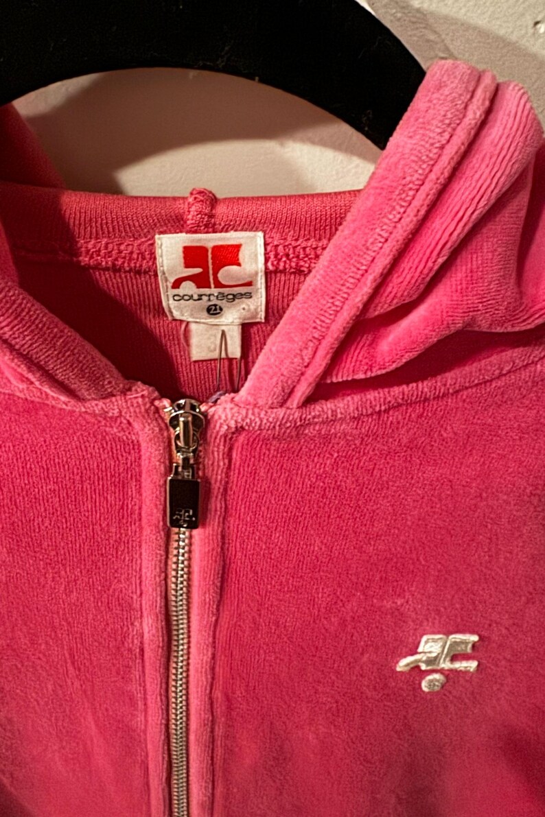 Vintage COURREGES 1990s Paris Hot Pink Velour Hoodie with Logo in Neon Top Zip Front Made in Paris sz 38 XS S image 6