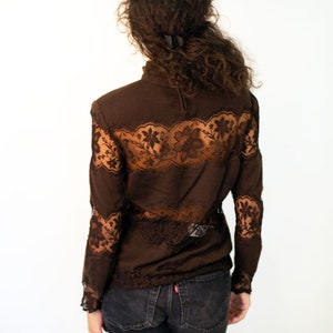 Vintage VALENTINO 1980s Brown Cashmere Lace Inset Turtleneck Top sz XS S M Sheer Sexy 80s 90s Garavani image 6