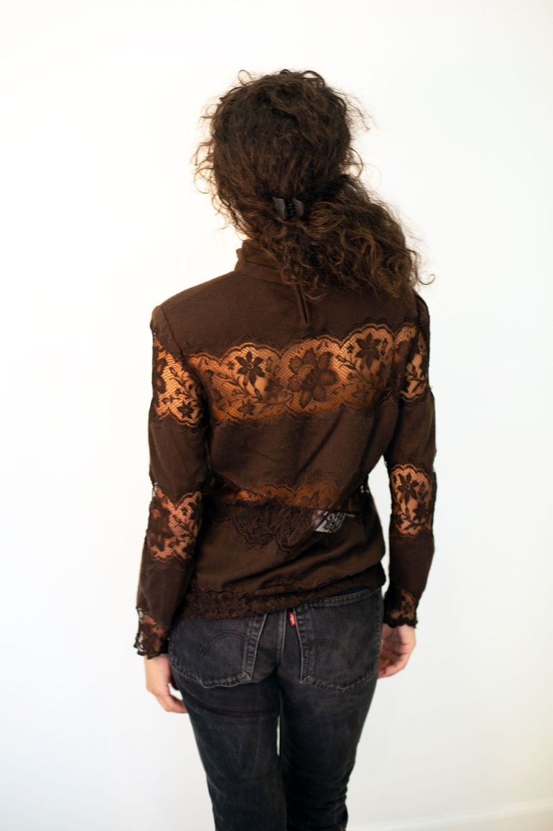 Vintage VALENTINO 1980s Brown Cashmere Lace Inset Turtleneck Top sz XS S M Sheer Sexy 80s 90s Garavani image 6