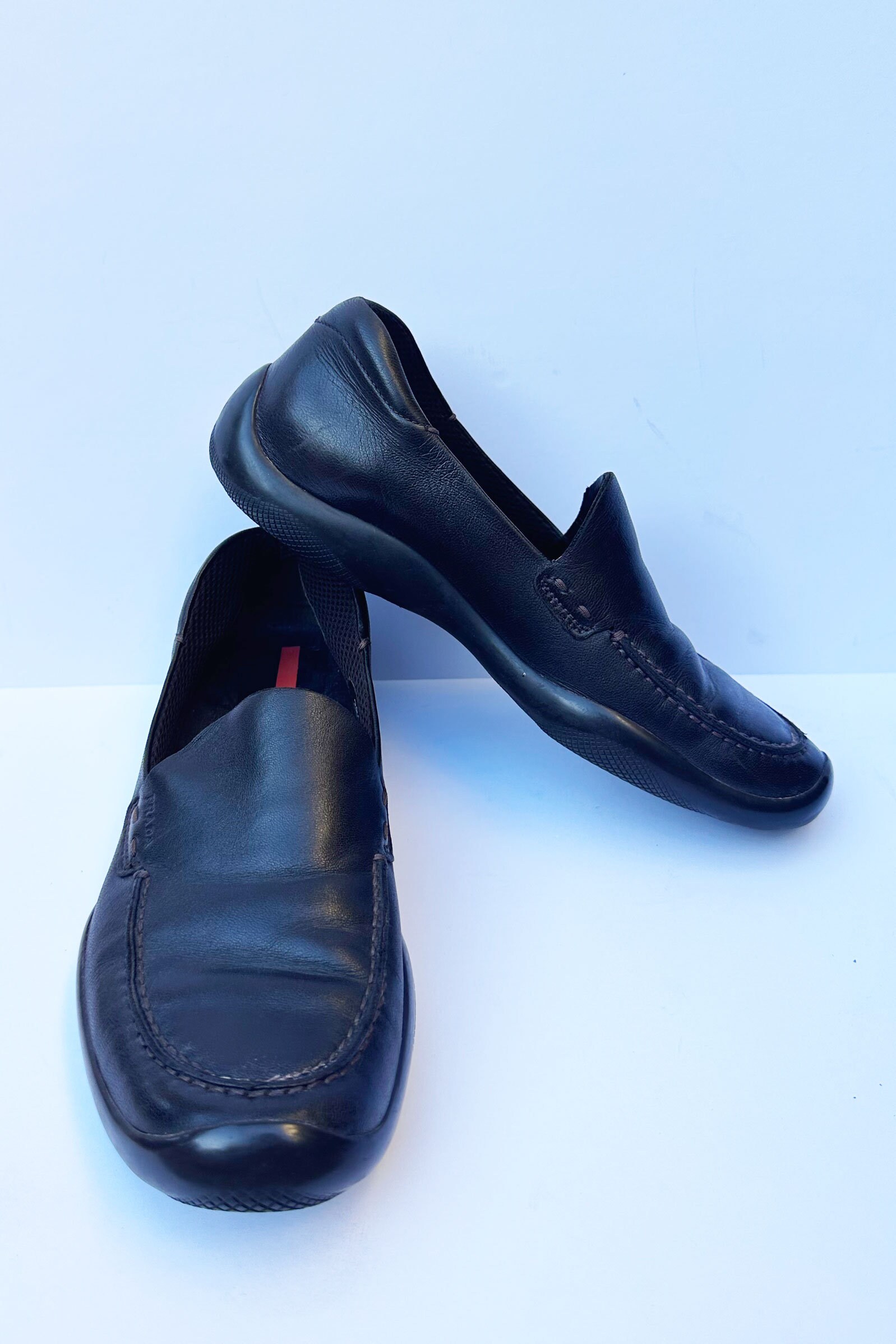 Vintage PRADA Chocolate Brown Leather Logo Embossed Loafers With