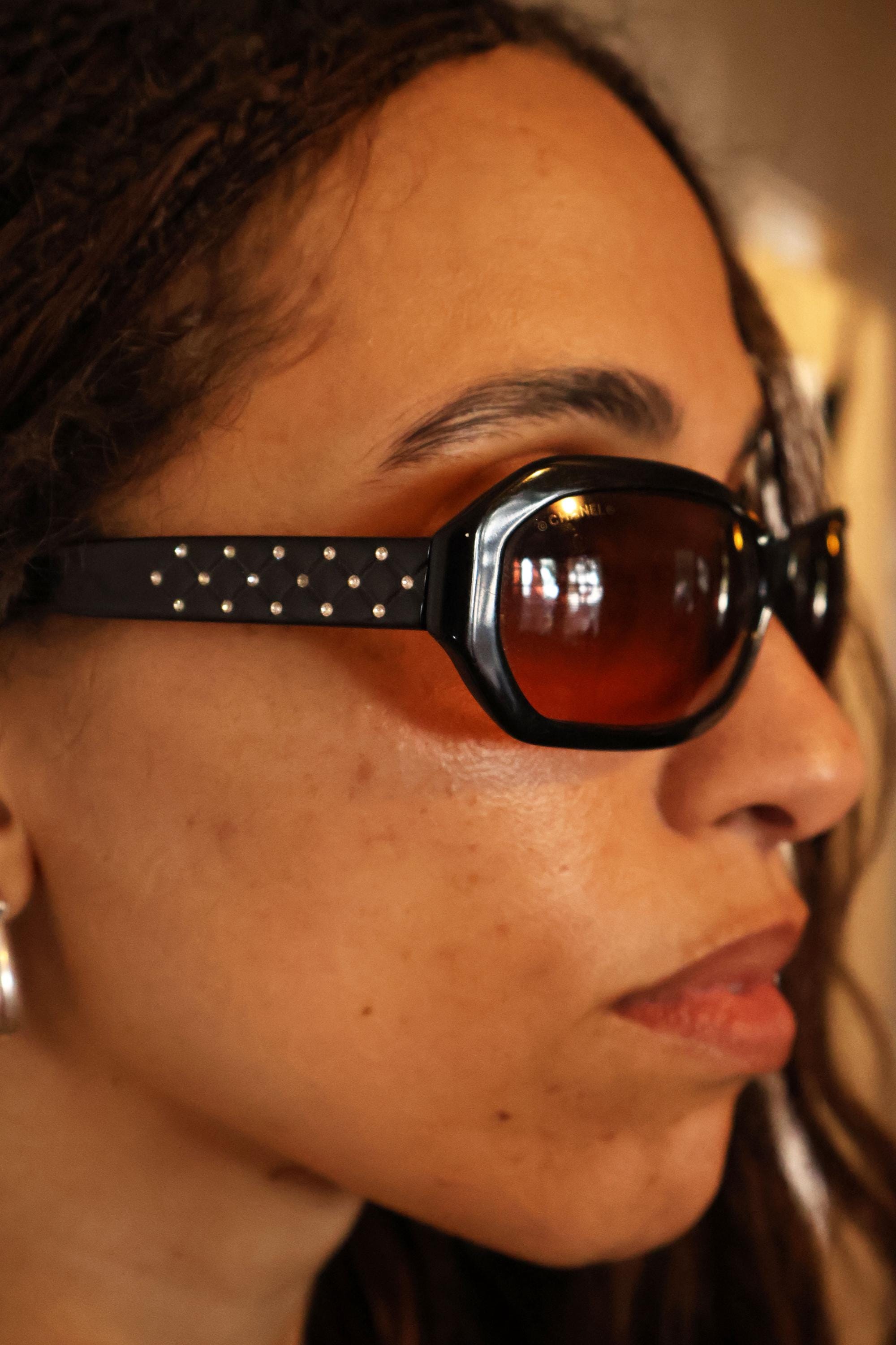 Vintage CHANEL Swarovski Crystal Black Frame Square 