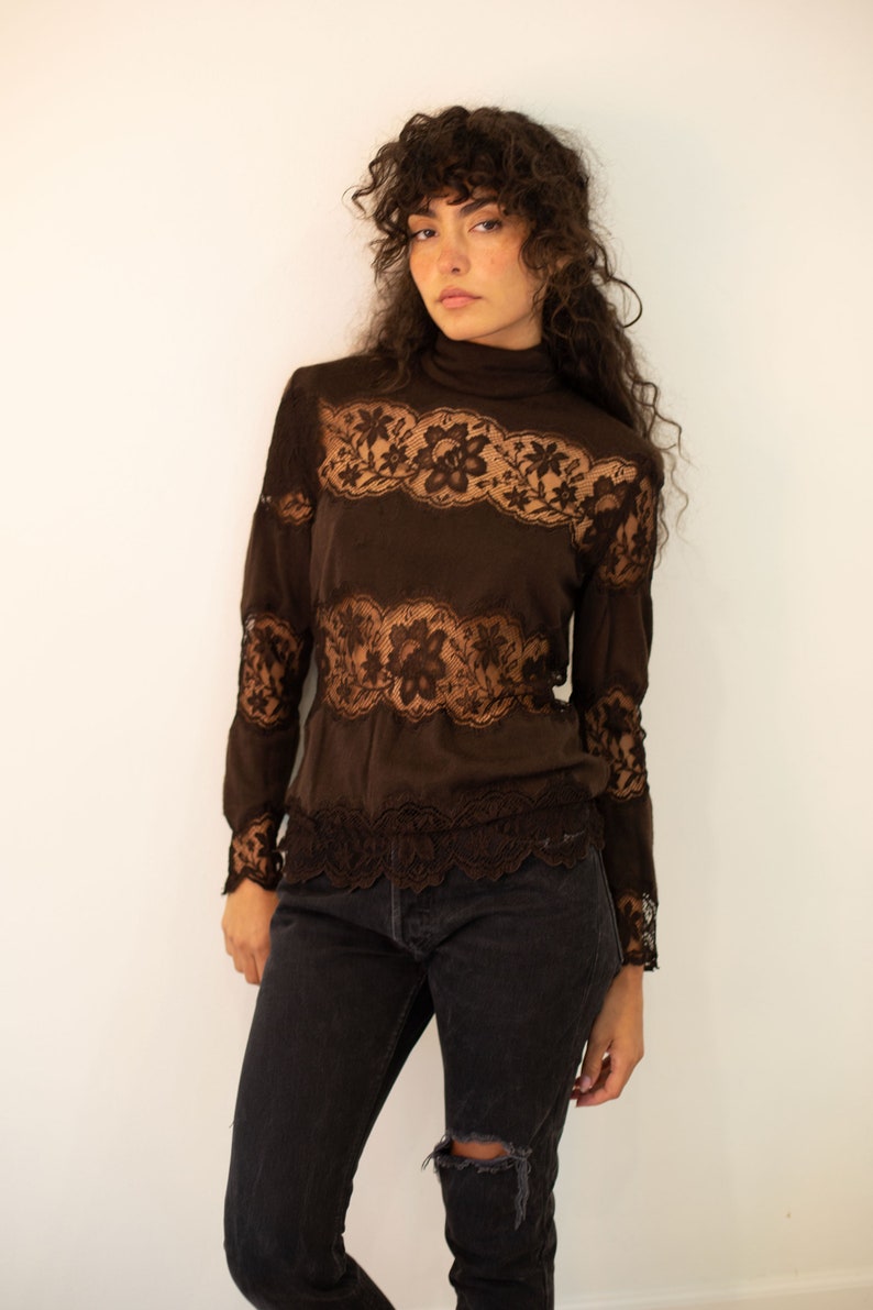 Vintage VALENTINO 1980s Brown Cashmere Lace Inset Turtleneck Top sz XS S M Sheer Sexy 80s 90s Garavani image 2