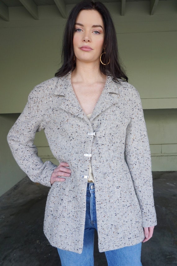 1990s CHANEL Gray Tweed Boucle Jacket with Gold La