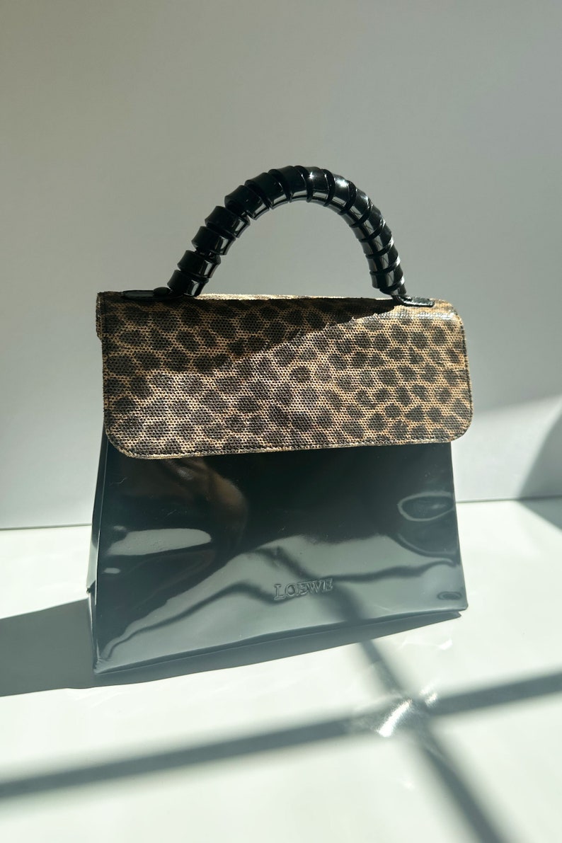 Vintage LOEWE Noir Patent and Leopard Print Top Handle Bag with Curly Handle Minimal Gold made in Spain Black Cheetah Print image 3