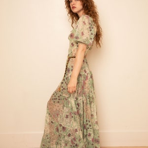 Vintage 1970s Gunne Sax Style Tiered Semi Sheer Floral Puff Sleeve Prairie Dress sz XS S Square Neck Green Purple image 5