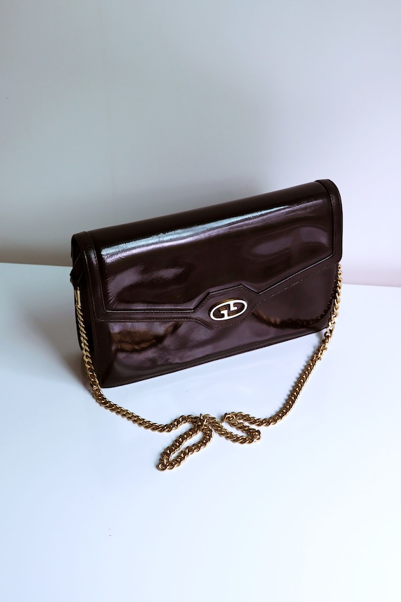 Vintage GUCCI 1970s Black Shiny Leather Chain Strap
