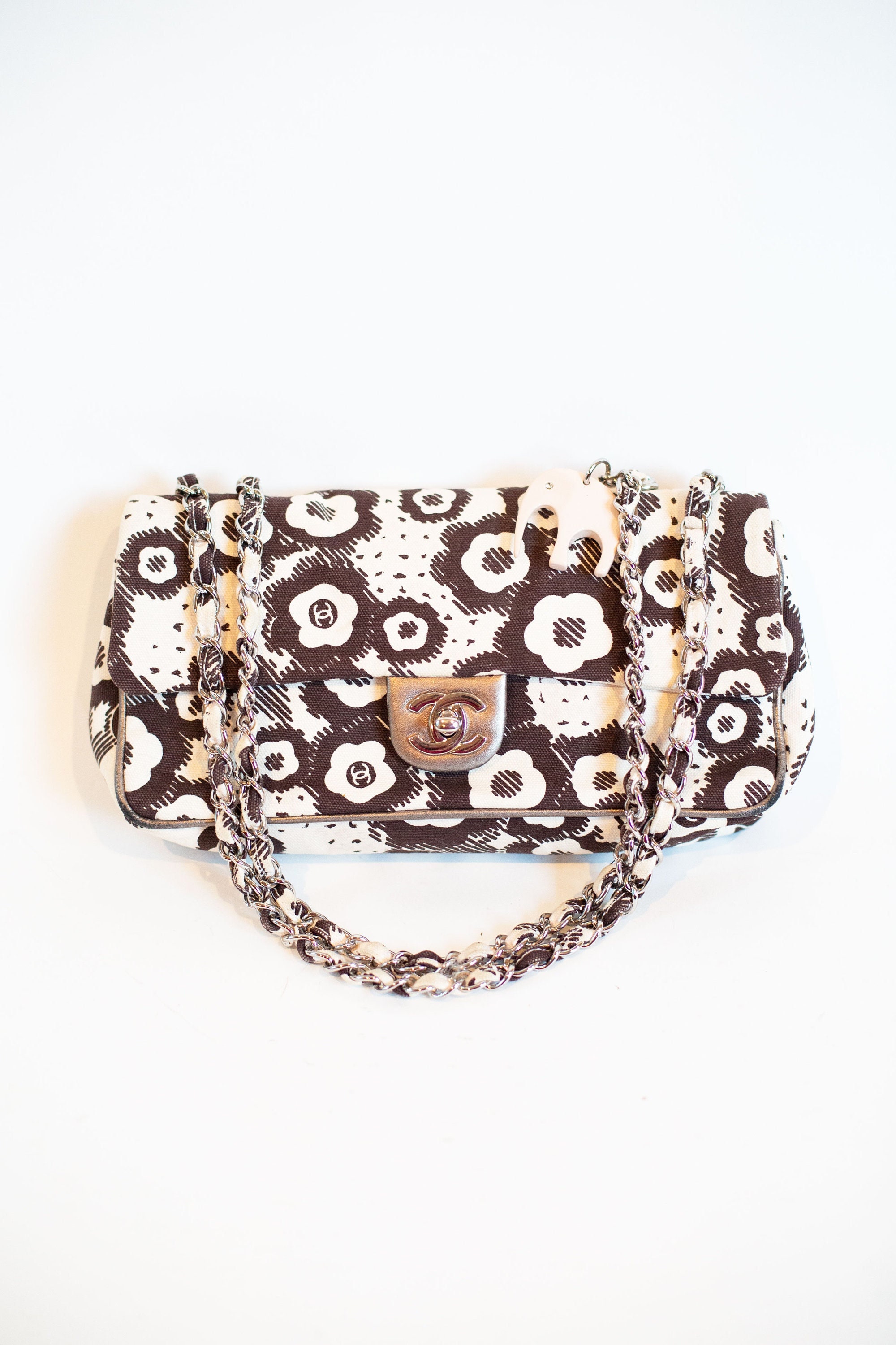 Vintage CHANEL Brown Cream Camellia Pattern Fabric Flap Bag 