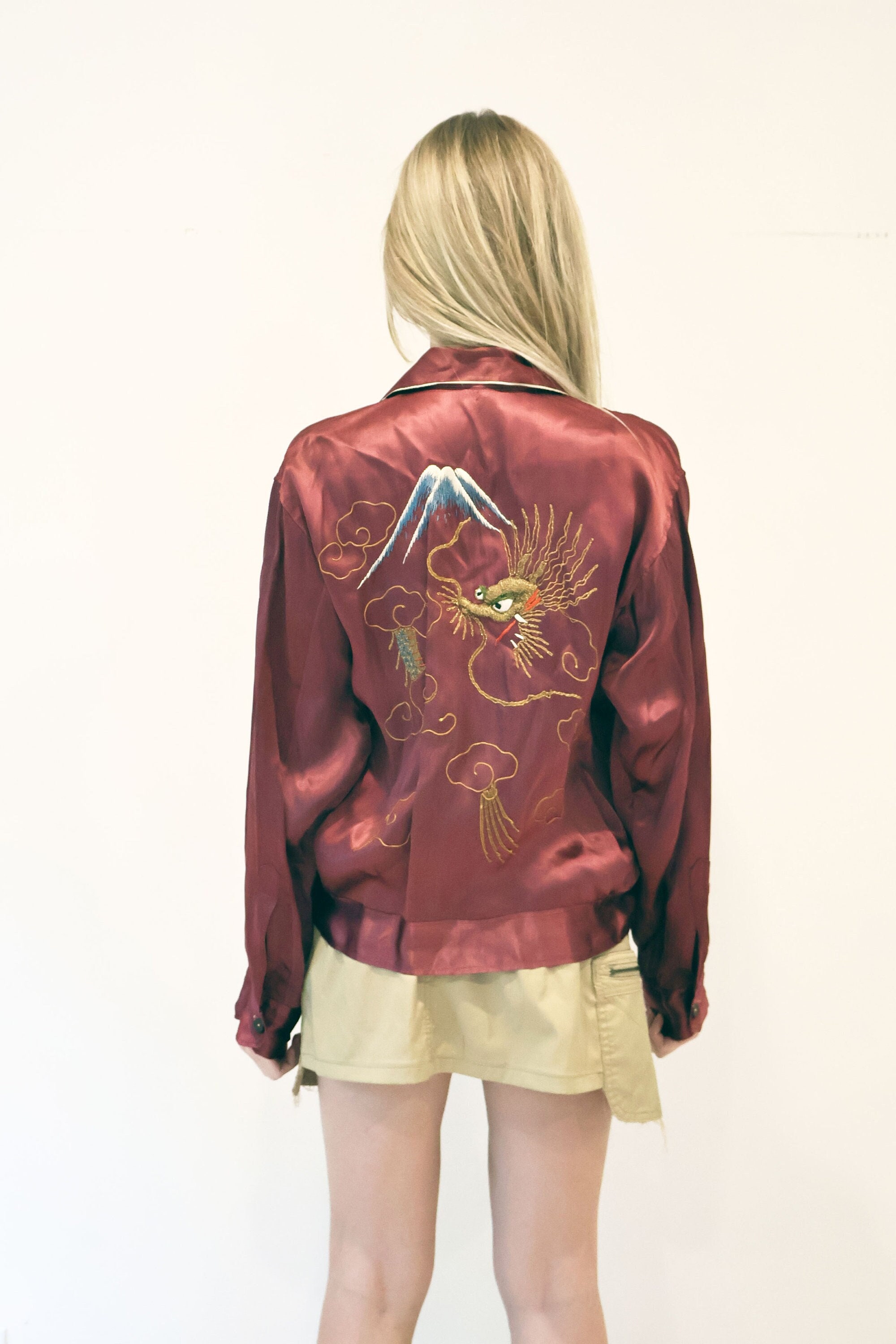 1940s RARE Maroon Satin Embroidered Dragon Souvenir Jacket Ori Stitched China Japan WWII Mountain Gold White Chain Stitch S M L 