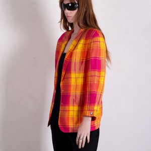 Vintage Thierry Mugler 1980s Sculptural Plaid Linen Blazer with Snap Buttons sz FR 44 S M L Orange Pink Yellow Structured image 6