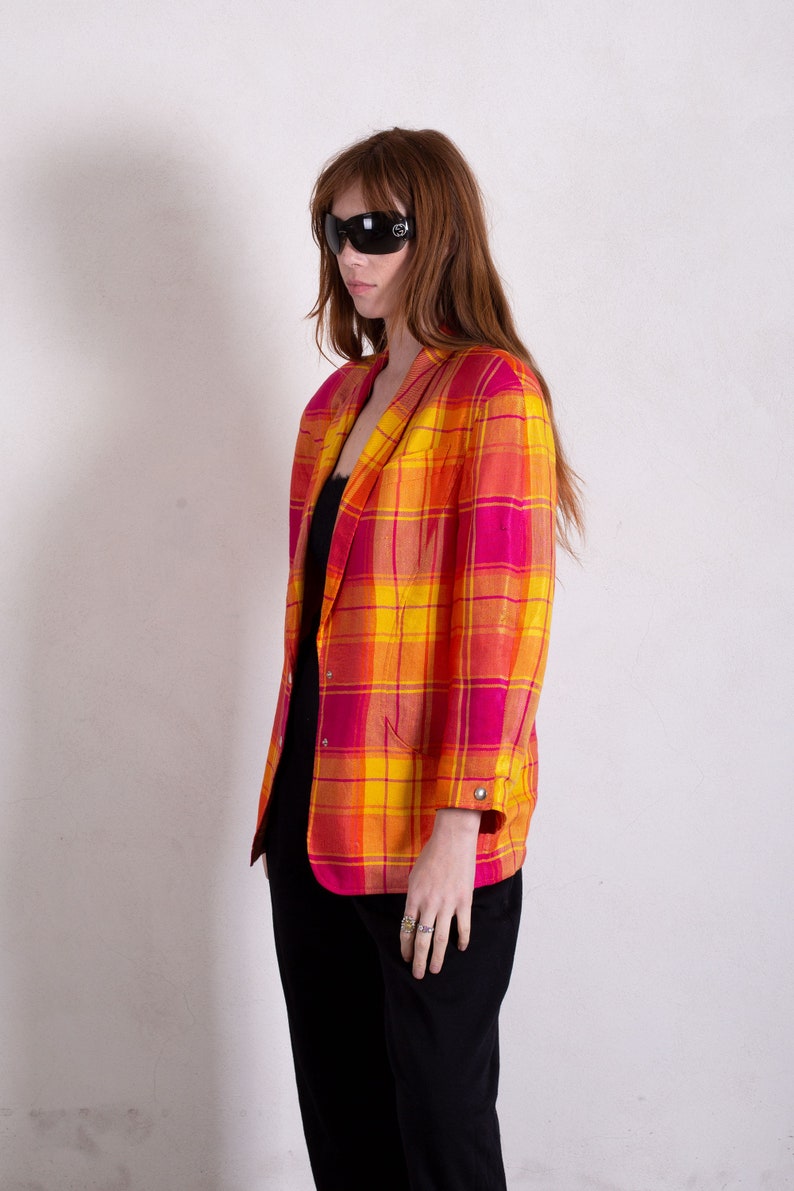 Vintage Thierry Mugler 1980s Sculptural Plaid Linen Blazer with Snap Buttons sz FR 44 S M L Orange Pink Yellow Structured image 6