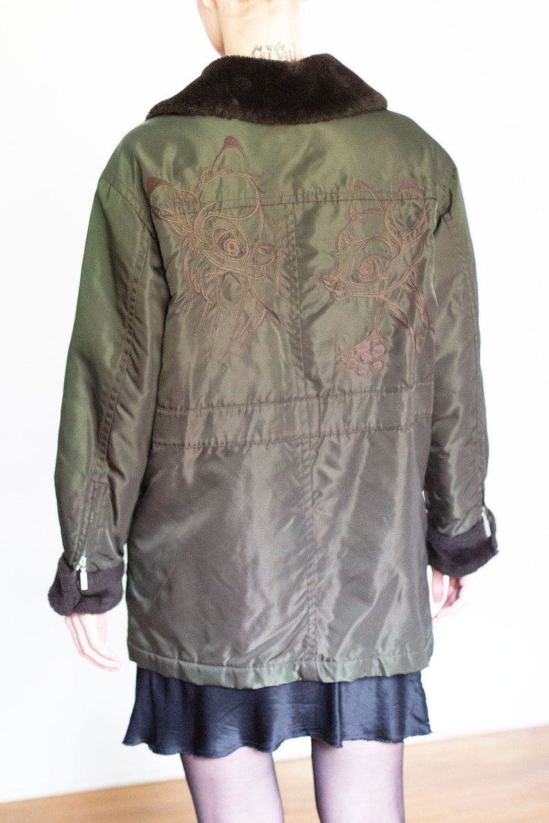 Vintage ICEBERG Army Green Shearling Bomber with Embroidered Deer at Back Bambi 90s Flight Jacket IT 42 S M L image 1