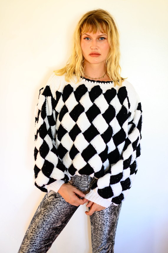 Hand Knit Checkered Oversized Sweater with Bishop