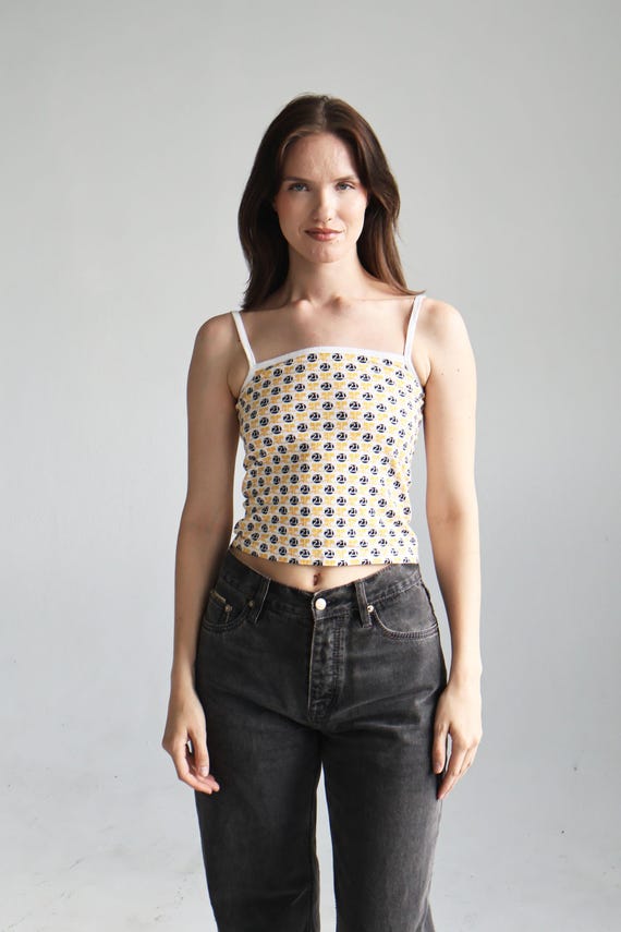 Vintage Courrèges Yellow + Navy 21 Logo Cotton Tank Top With