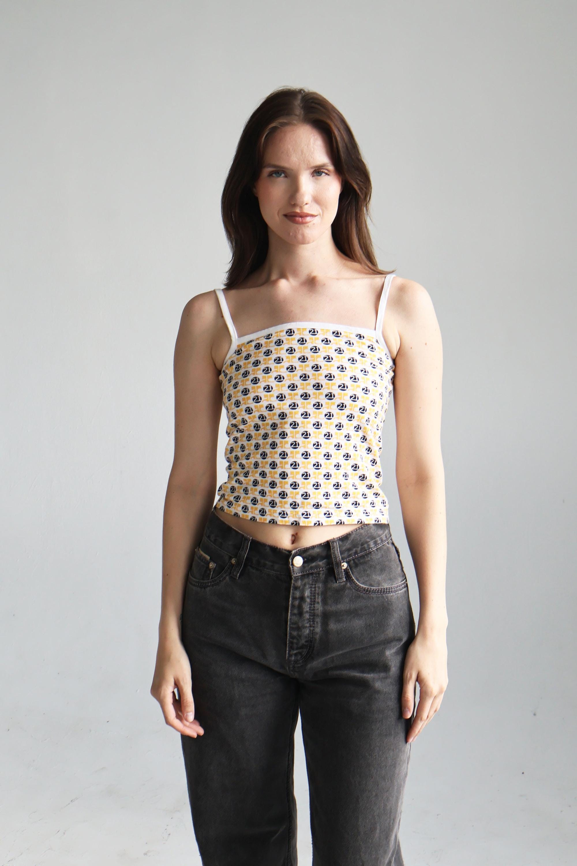 Vintage Courrèges Yellow + Navy 21 Logo Cotton Tank Top With