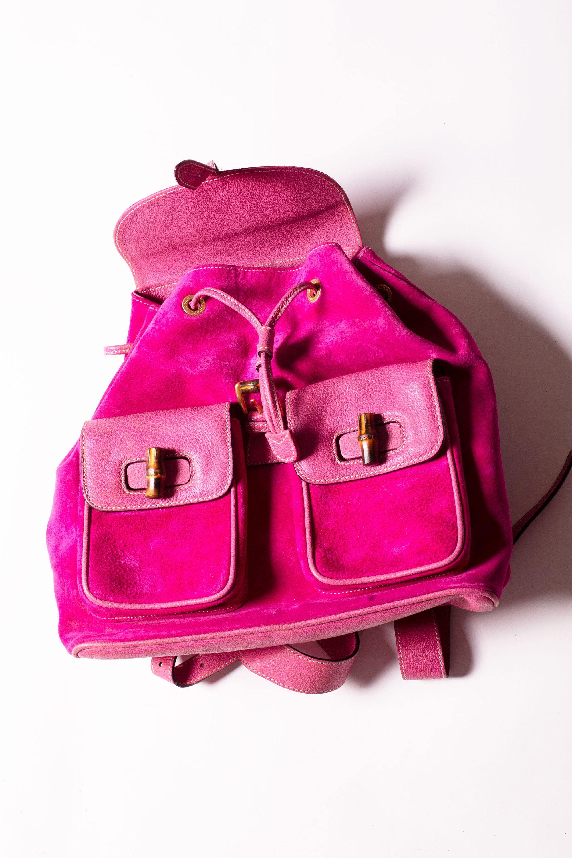 GUCCI Pink Suede & Leather Bamboo Handle Backpack With 