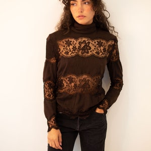 Vintage VALENTINO 1980s Brown Cashmere Lace Inset Turtleneck Top sz XS S M Sheer Sexy 80s 90s Garavani image 3