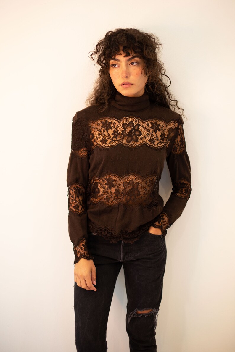 Vintage VALENTINO 1980s Brown Cashmere Lace Inset Turtleneck Top sz XS S M Sheer Sexy 80s 90s Garavani image 3