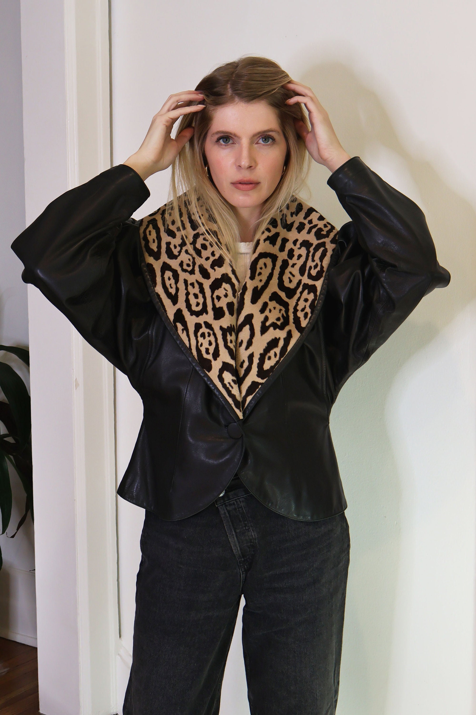 Vintage BELTRAMI 1980s Lambskin Leather Jacket With Leopard