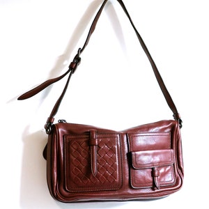 Bottega Veneta Bordeaux Leather Multi Pocket Baguette Bag with Intrecciato Pocket Detail Woven Burgundy Maroon Red 90s Y2K image 3