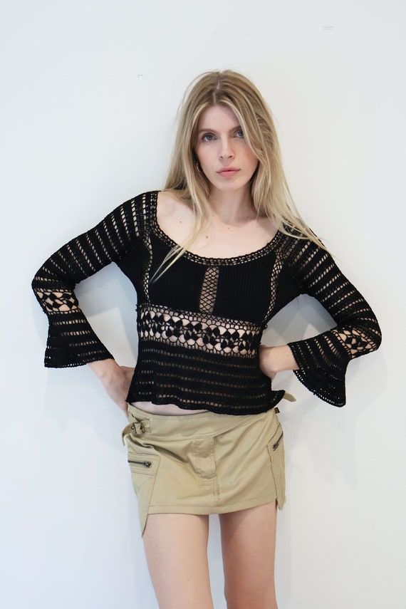 Y2K Vintage Black Crochet Knit Backless Top with … - image 3