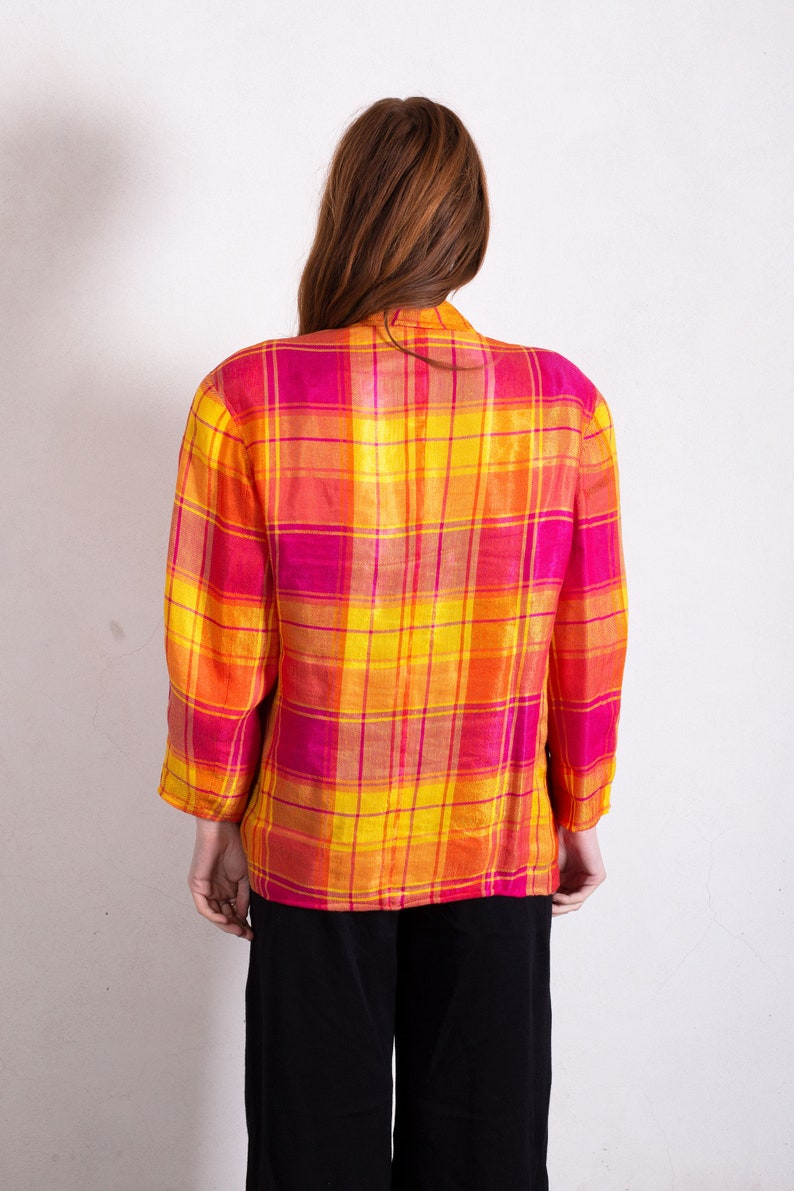 Vintage Thierry Mugler 1980s Sculptural Plaid Linen Blazer with Snap Buttons sz FR 44 S M L Orange Pink Yellow Structured image 7