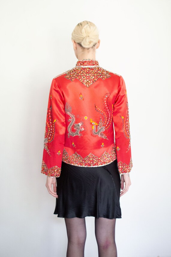 6 (ROKU) - dahl’ia ×6(ROKU)SATIN CHINA MOTIF JACKET Vtg Chinese Black Embroidered w/Red Floral 100% Silk Jacket