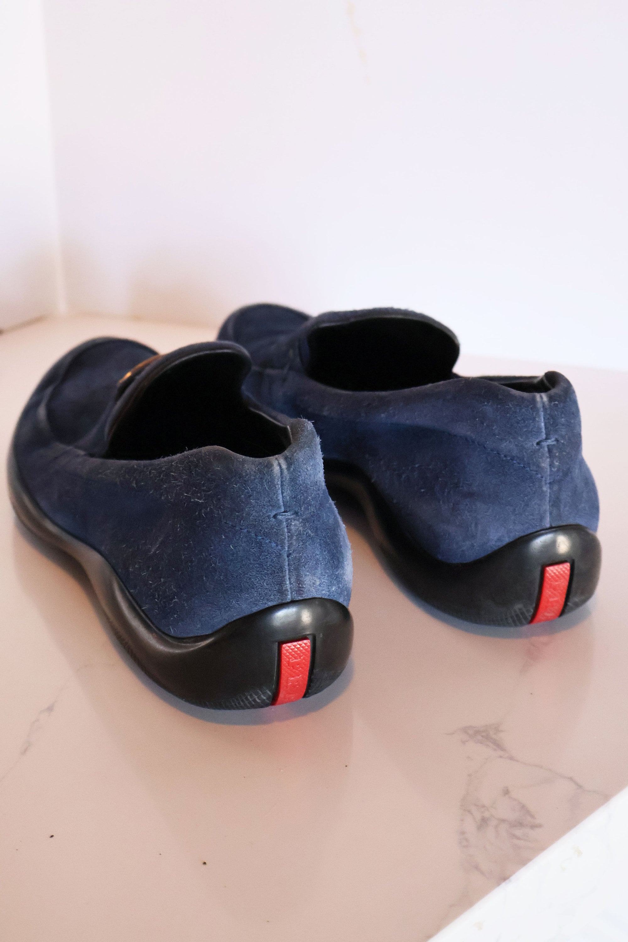 Vintage PRADA Sport Line Cobalt Suede Logo Plaque Loafers Sz Vintage PRADA Sport Line Cobalt Suede Logo Plaque Loafers Sz