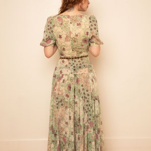 Vintage 1970s Gunne Sax Style Tiered Semi Sheer Floral Puff Sleeve Prairie Dress sz XS S Square Neck Green Purple image 6