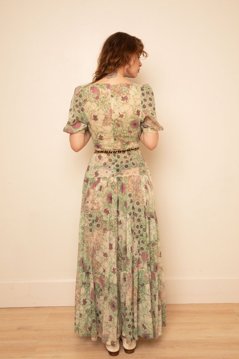 Vintage 1970s Gunne Sax Style Tiered Semi Sheer Floral Puff Sleeve Prairie Dress sz XS S Square Neck Green Purple image 6