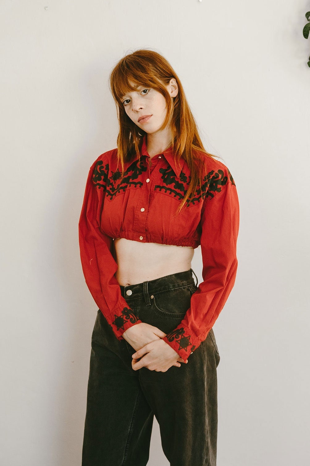 Rare Vintage Jean Paul Gaultier Red Cropped Western Top with Tribal Detailing and Dollar Sign Buttons Star Rodeo XS S M Y2K Junior