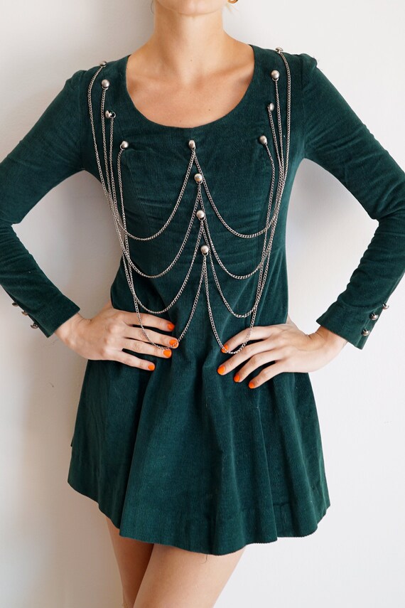 1960s Forest Green Corduroy Dress with Chainmail