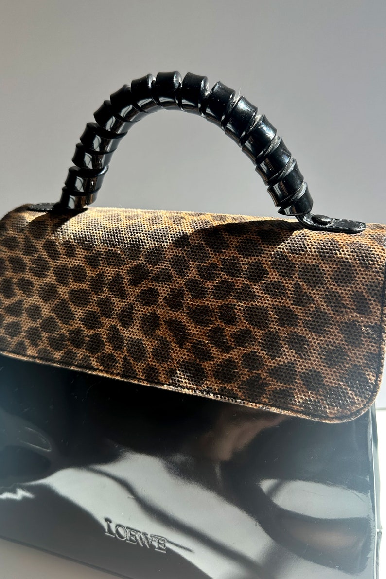 Vintage LOEWE Noir Patent and Leopard Print Top Handle Bag with Curly Handle Minimal Gold made in Spain Black Cheetah Print image 6
