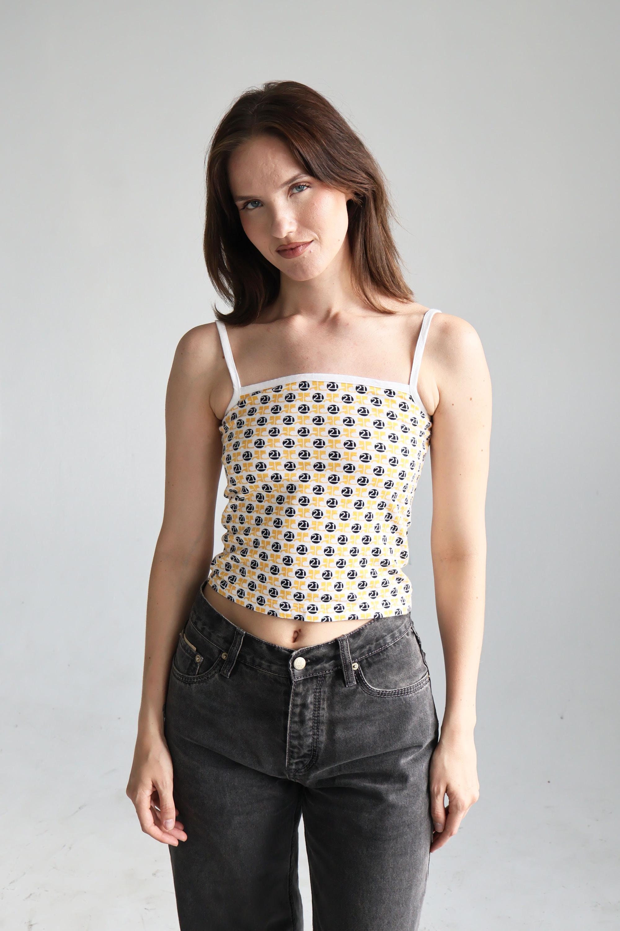 Vintage Courrèges Yellow + Navy 21 Logo Cotton Tank Top With