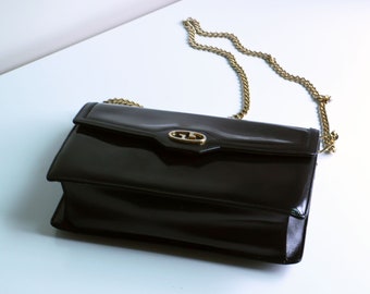 Vintage GUCCI 1970s Black Shiny Leather Chain Strap